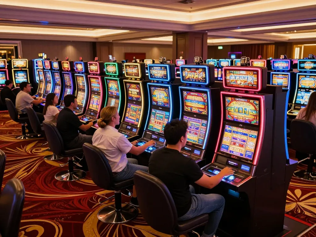 Players enjoying IDCASH88 slot machines in an exciting casino atmosphere.