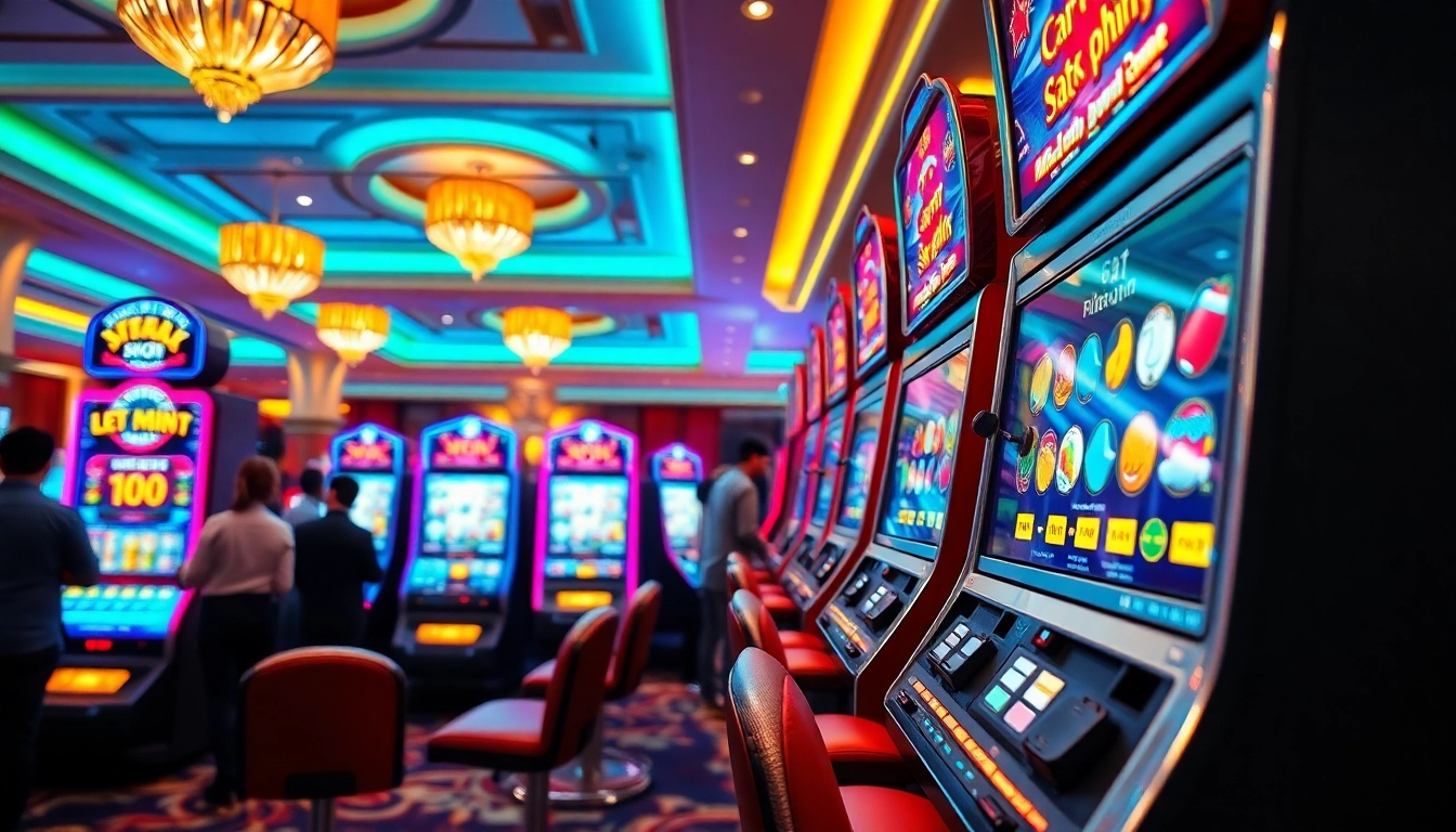 Engage with Singapore Slots in a lively casino setting featuring vibrant machines.