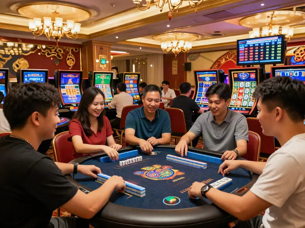 Pengalaman bermain mahjong slot di meja kasino dengan suasana meriah.