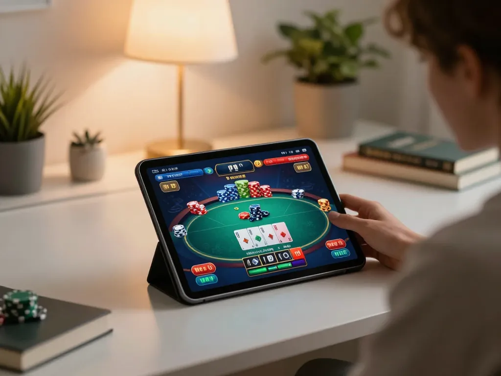 Engaged player enjoying w188 online poker, vibrant game display on tablet