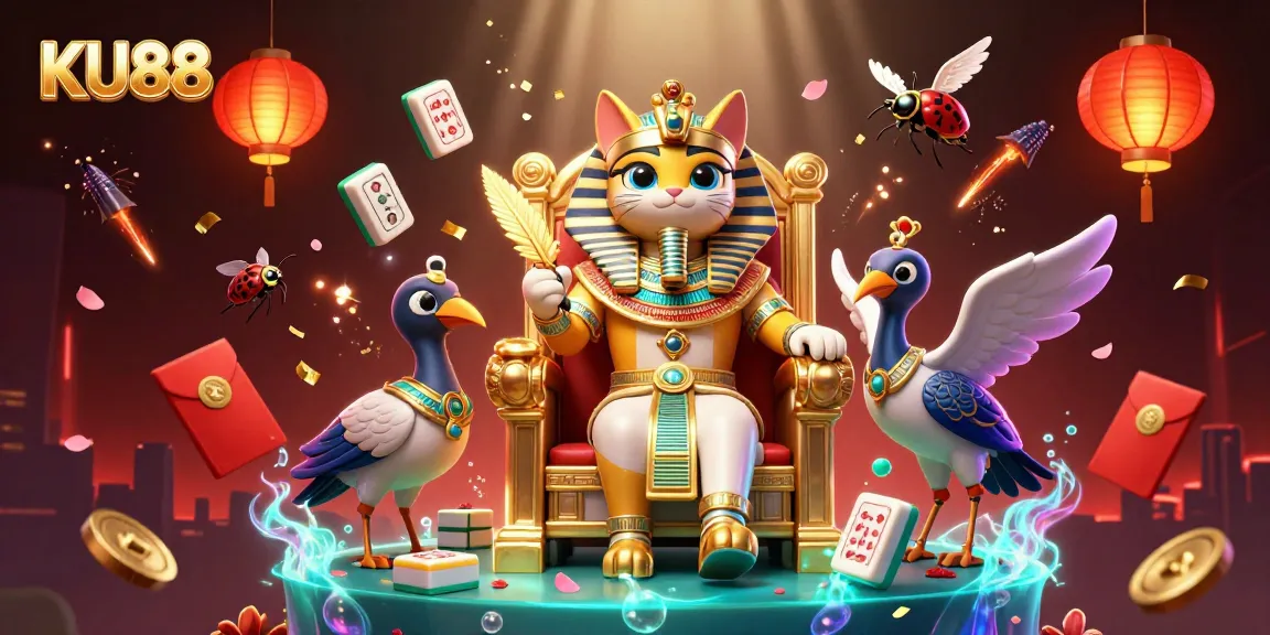 Engage with thrilling KU88 casino adventures featuring a 3D Egyptian pharaoh cat on a golden throne.