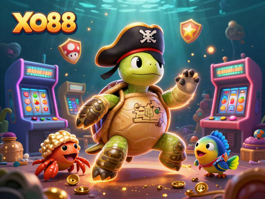 Engage with XO88’s casino adventure featuring a pirate turtle amidst vibrant slot machines and treasure.