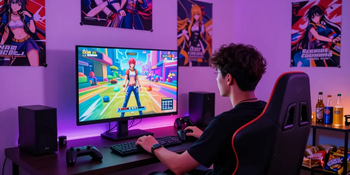 Player enjoying engaging hentai games in a vibrant gaming setup, showcasing immersive visuals and colorful ambiance.