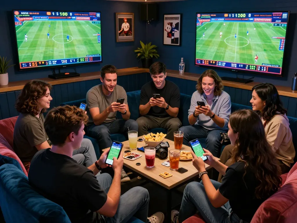 Friends engaging in sports betting using the Nowgoal app, showcasing a lively and strategic betting atmosphere.