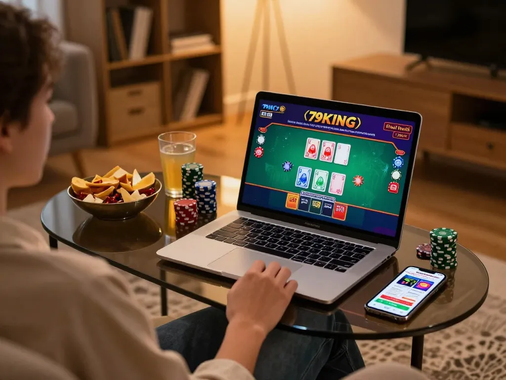 Engaged player using 79KING online casino app at home, showcasing blackjack gameplay on laptop.