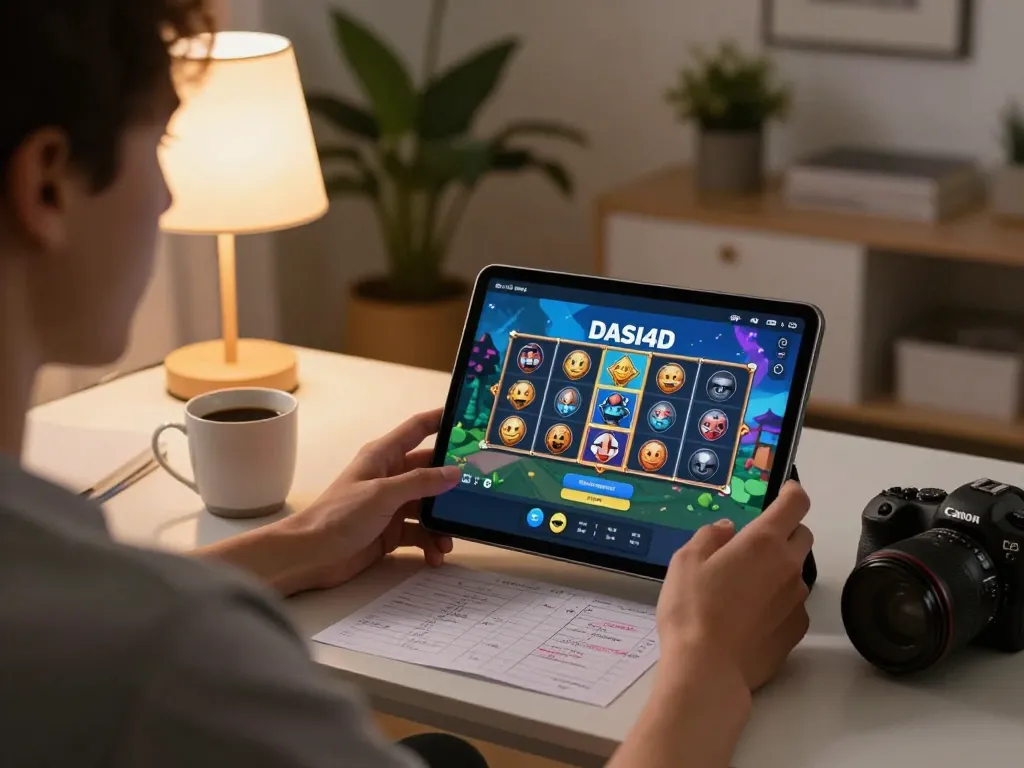 Berinteraksi dengan layar login DASI4D untuk menikmati permainan slot online di suasana rumah yang nyaman.