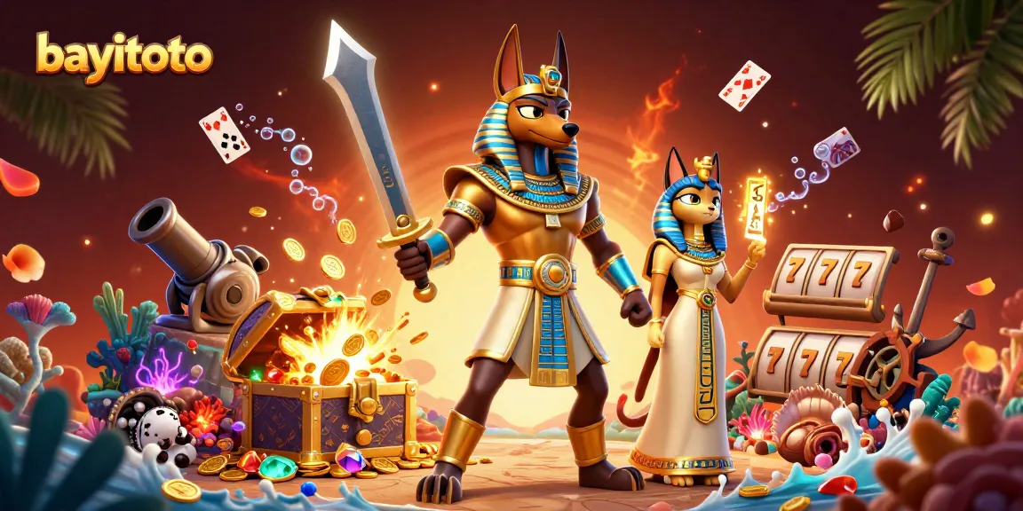 Win big with bayitoto in this vibrant illustration showcasing an ancient Egyptian warrior and casino elements.