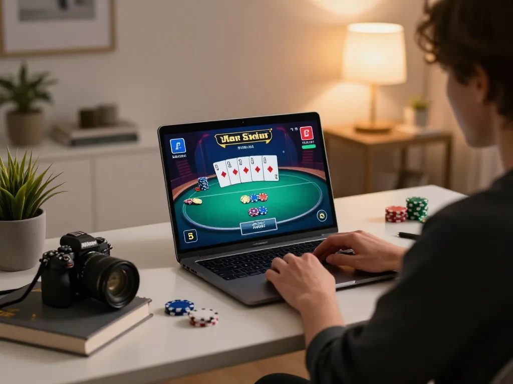 Experience LGOGOAL online poker gameplay in a cozy home office setting with vibrant graphics.