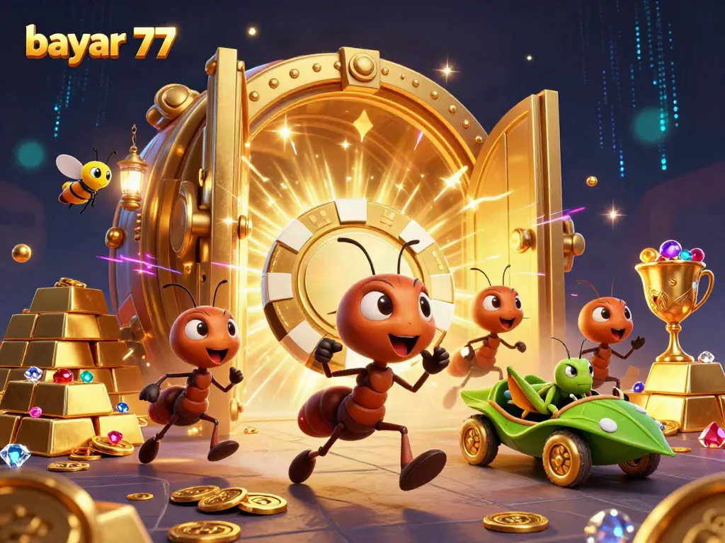 Engage with bayar 77 as ants execute a heist for golden poker chips in a vibrant casino scene.