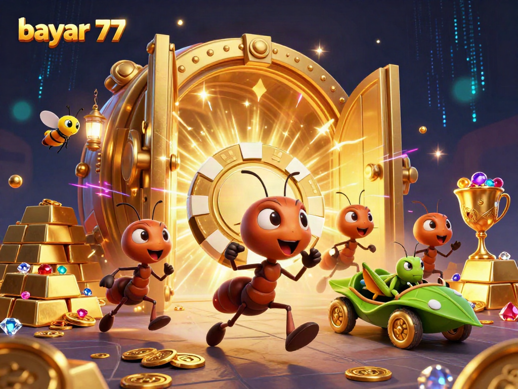 Engage with bayar 77 as ants execute a heist for golden poker chips in a vibrant casino scene.
