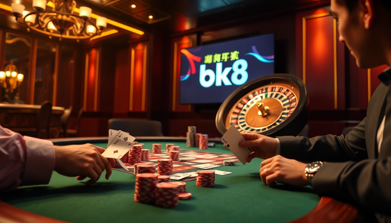 Experience thrilling gameplay with เครดิตฟรี bk8 in a luxurious casino setting featuring cards and roulette.