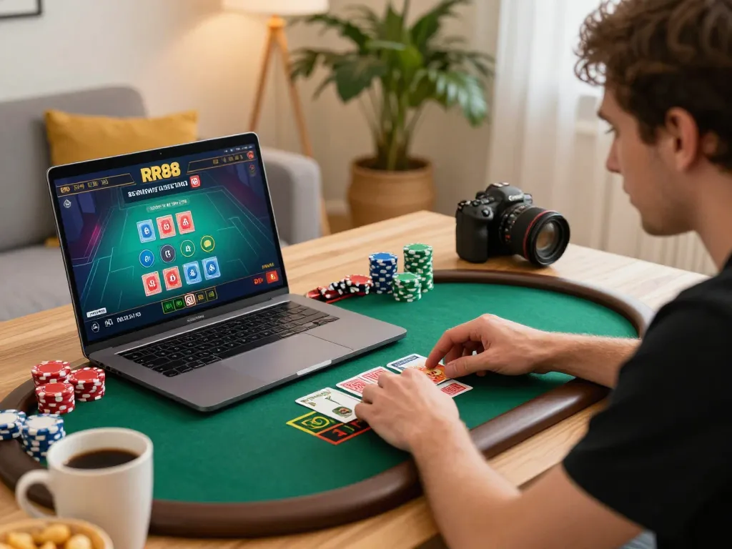 Engaged player strategizing bets on RR88 SELECT online casino platform from home