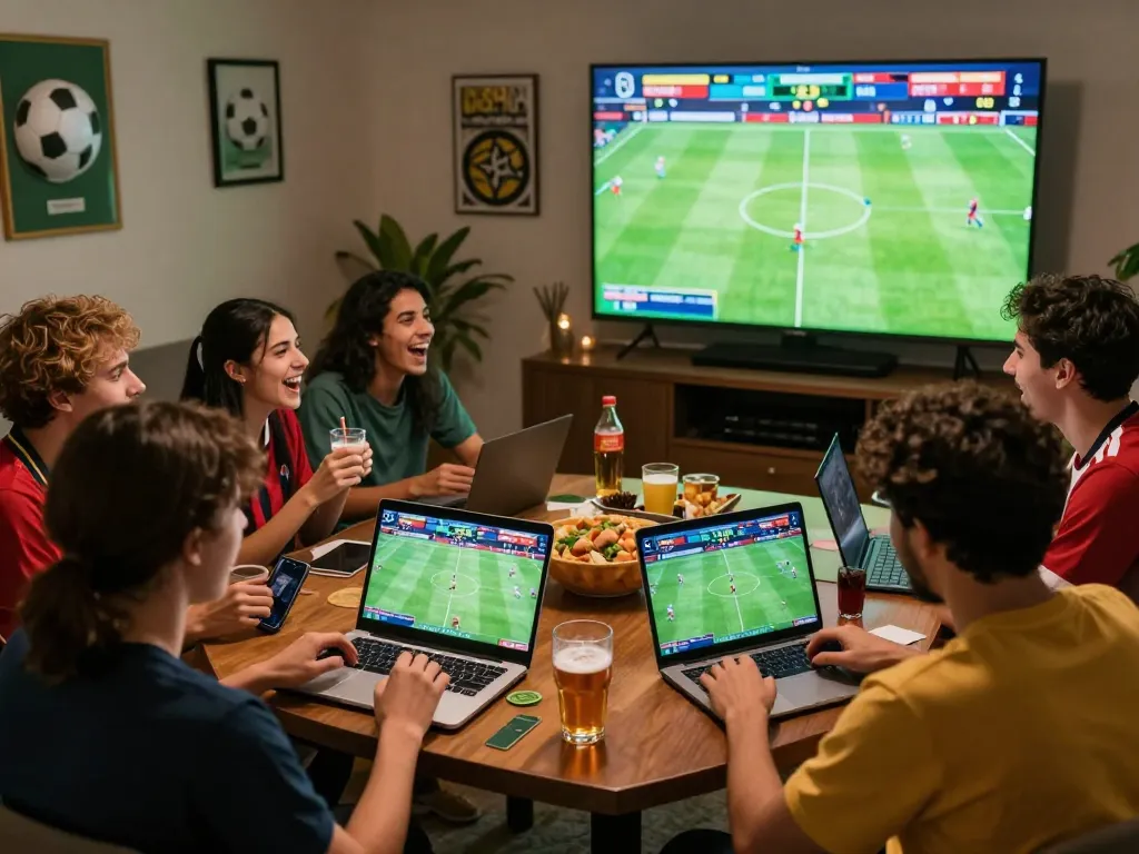 Kèo bóng đá betting scene showing friends enjoying sports betting on mobile devices in a lively atmosphere.
