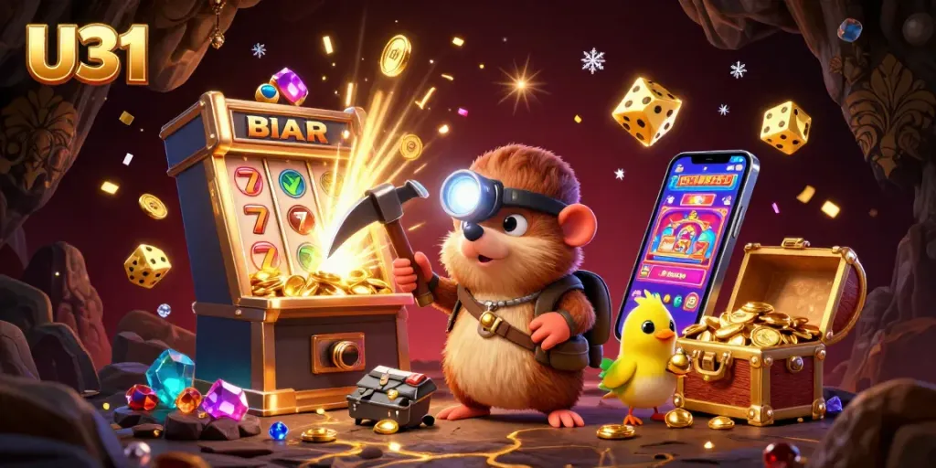 Experience the thrilling U31 casino adventure with a treasure hunter mole surrounded by vibrant games and jackpots.