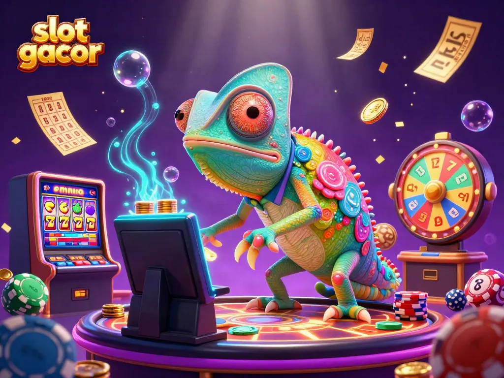 Experience the thrill of slot gacor with vibrant chameleon, spinning reels, and golden coins flying