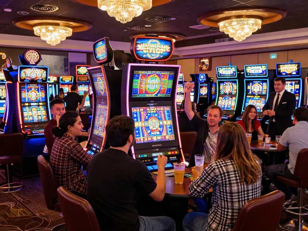 Players enjoying slot machines in a vibrant casino atmosphere, celebrating wins.