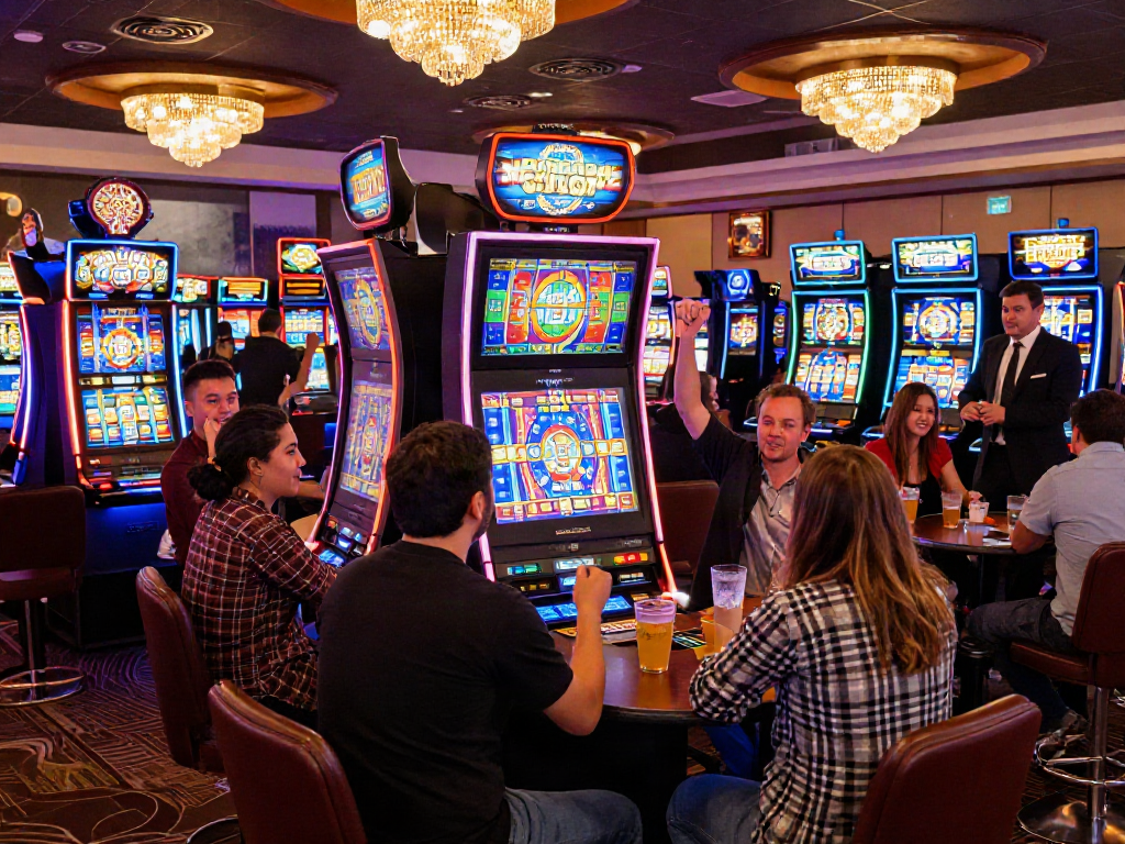 Players enjoying slot machines in a vibrant casino atmosphere, celebrating wins.