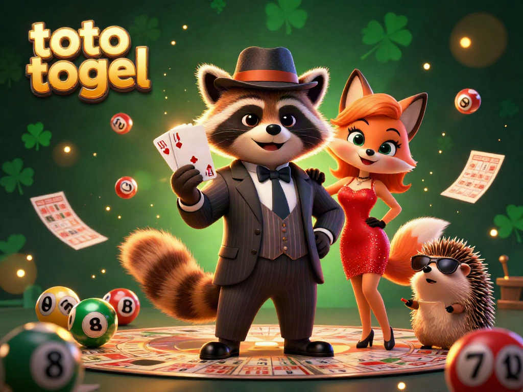Engage with exciting toto togel gameplay featuring a raccoon holding winning cards, flanked by thematic characters and elements.