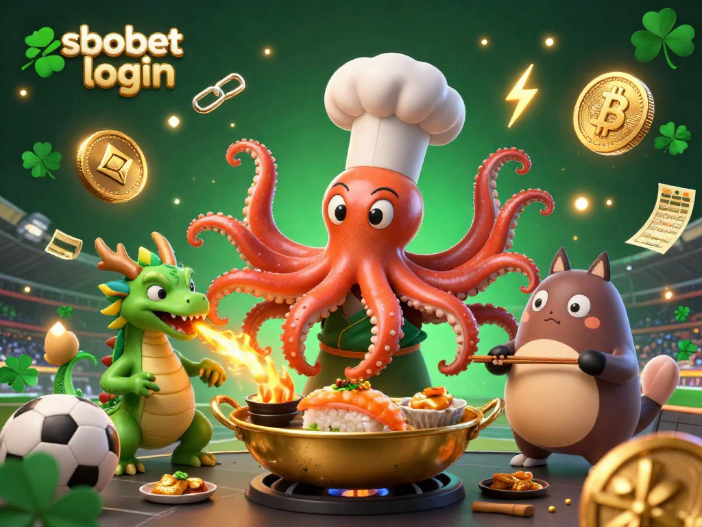 Engage in thrilling betting with sbobet login as the octopus chef prepares winning dishes in a vibrant casino scene.