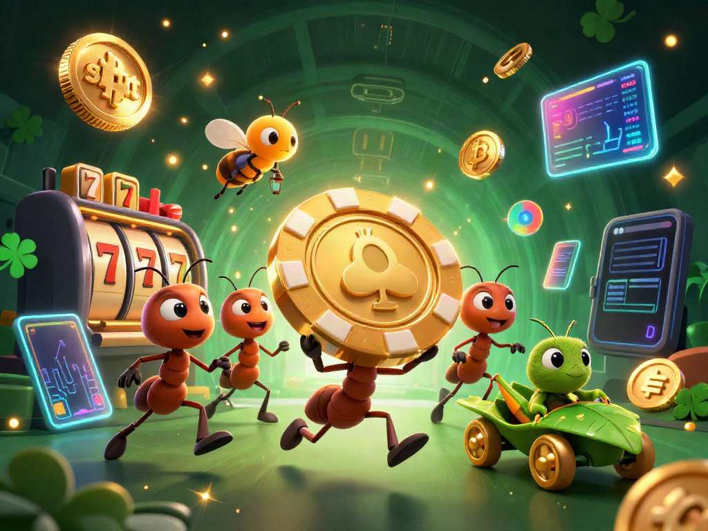 Slot yang menyenangkan, tim semut beraksi dengan chip poker raksasa, sambil dikelilingi elemen kasino.