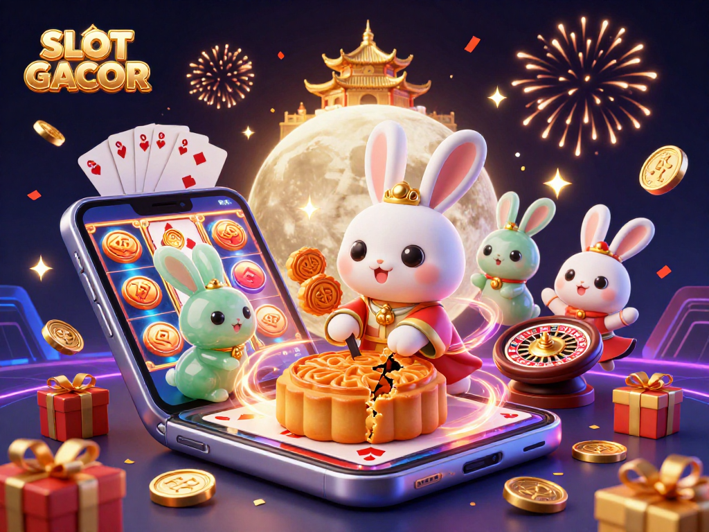 Engage in SLOT GACOR gaming with a vibrant illustration of a moon rabbit and dynamic casino elements.