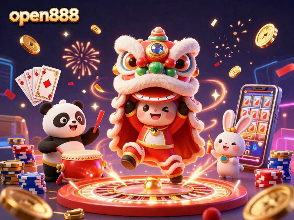 Experience winning moments with open888 while enjoying a festive casino scene filled with lively characters.