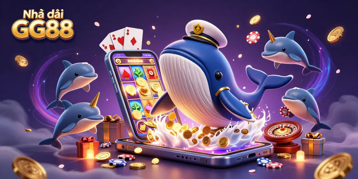 Engage with Nhà cái GG88 featuring a majestic whale, narwhal, and playful dolphins in a vibrant 3D casino scene.