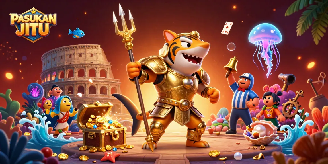 Experience thrilling gameplay with PASUKAN JITU featuring a fierce tiger shark in gladiatorial combat.