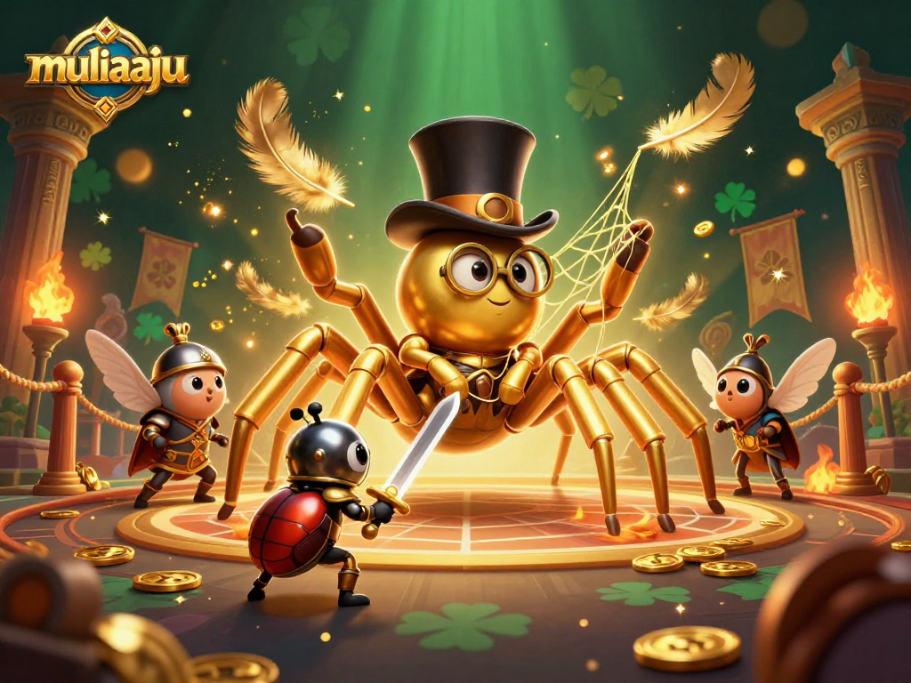 Engage with muliaaju's vibrant casino scene featuring a golden tarantula and adventurous beetle knight amidst swirling gold.