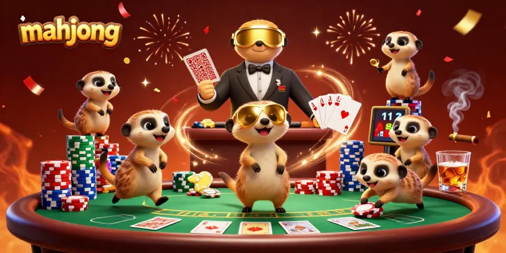bermain mahjong dalam suasana kasino yang meriah, dengan meerkat menjalankan permainan kartu