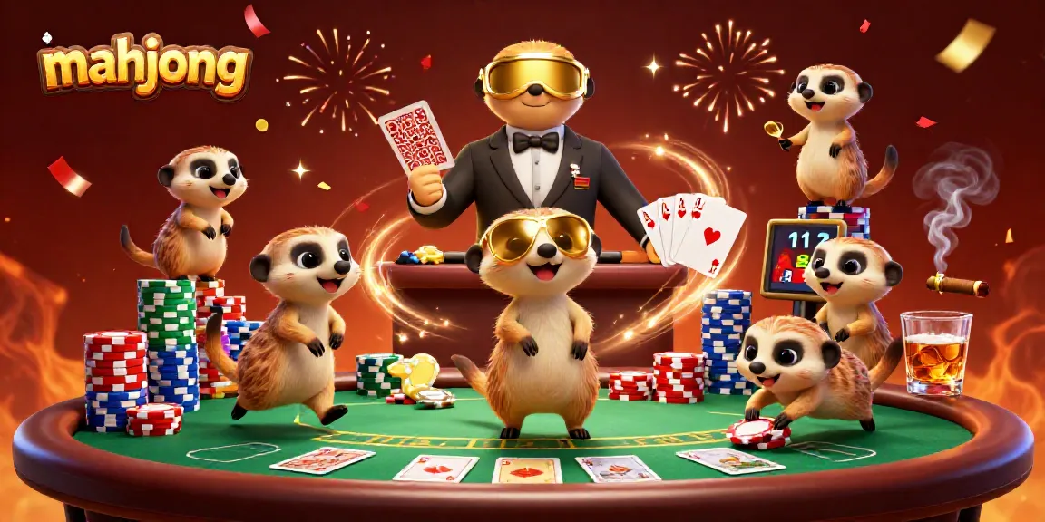 bermain mahjong dalam suasana kasino yang meriah, dengan meerkat menjalankan permainan kartu