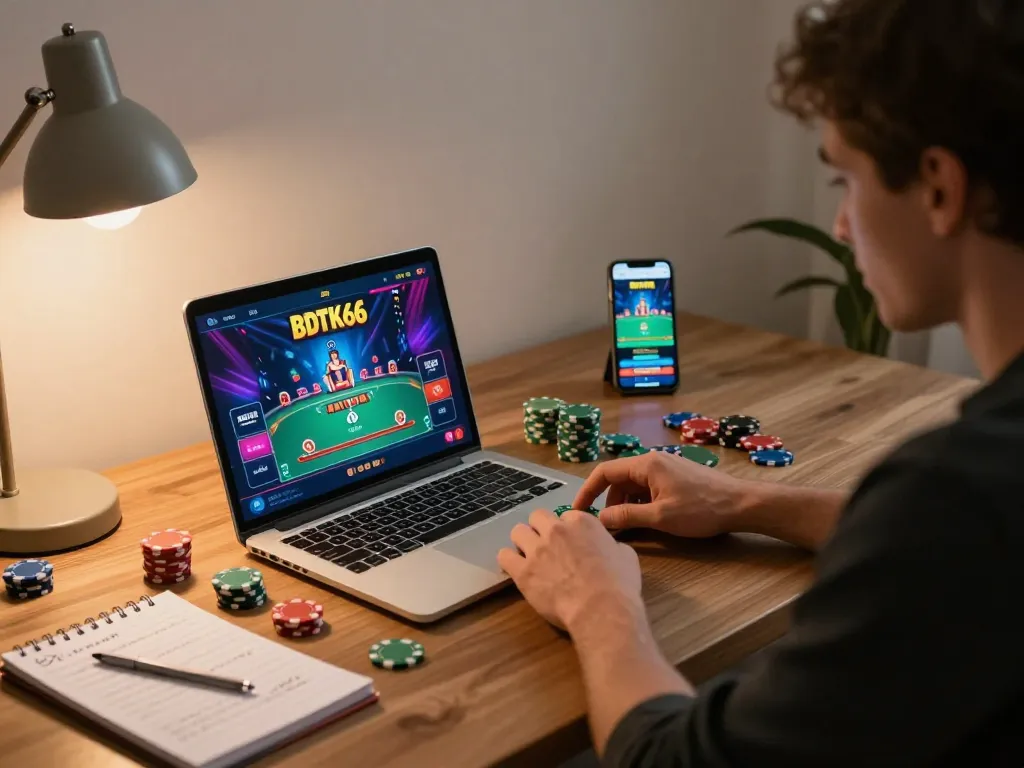 Engaging in bdtk66 online poker from home with an exciting game interface and strategic notes.