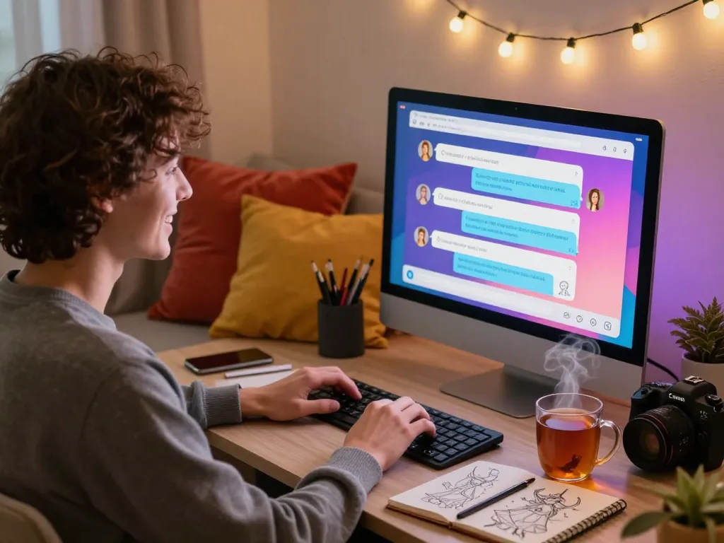 AI sex chat session in a cozy home workspace with user engaged and joyful.
