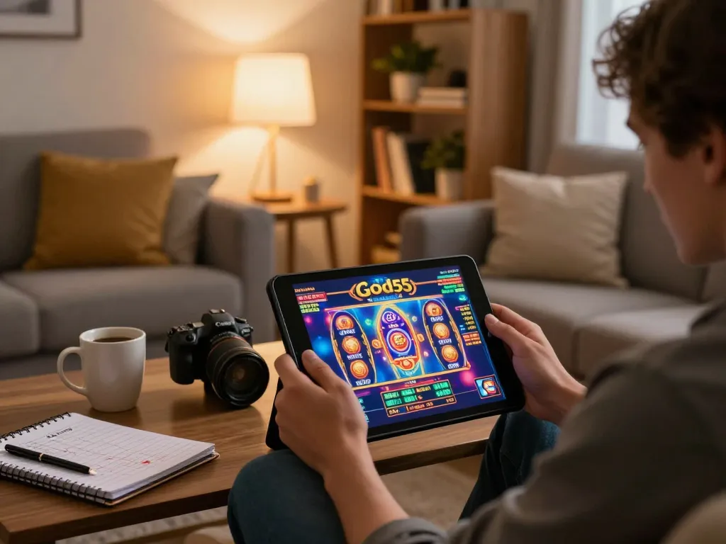 Engaging gaming experience on God55 app displayed on tablet in cozy living room setting