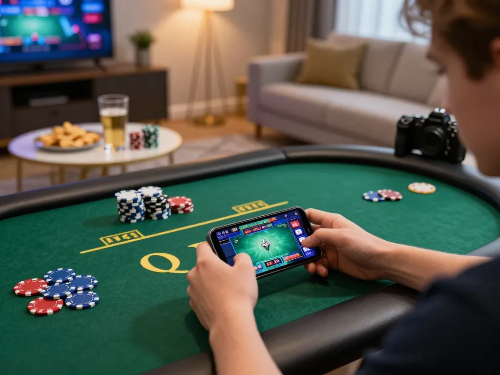 Player enjoys mobile gambling at https://gemwin.pics with chips and vibrant game graphics in a cozy setting.
