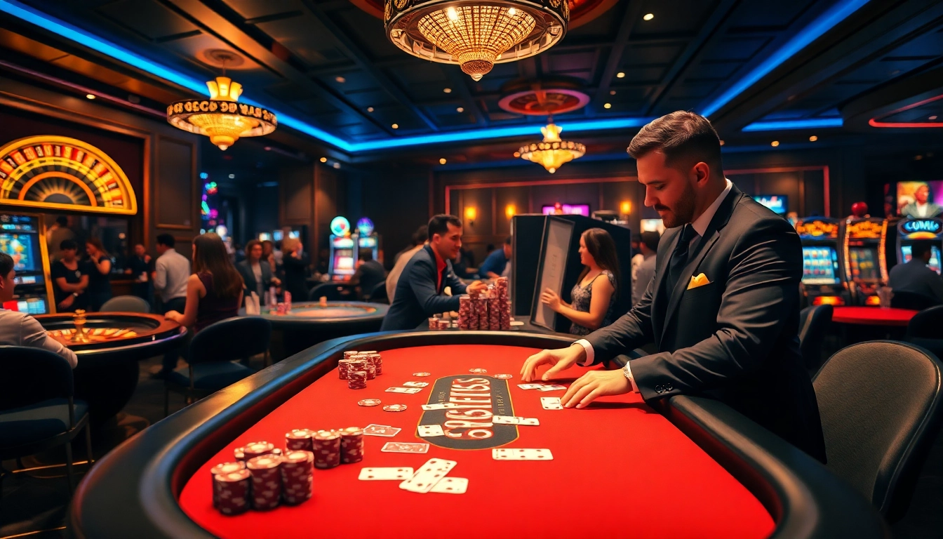 Players enjoying an exciting game atmosphere at S8 casino tables with vibrant chips and cards.