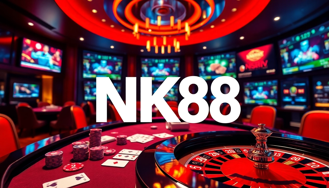 Play exciting casino games at NK88 with vibrant cards and chips in a luxurious setting.