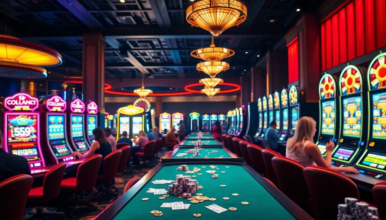 Players enjoying thrilling slot games with vibrant machines in a luxurious casino setting.