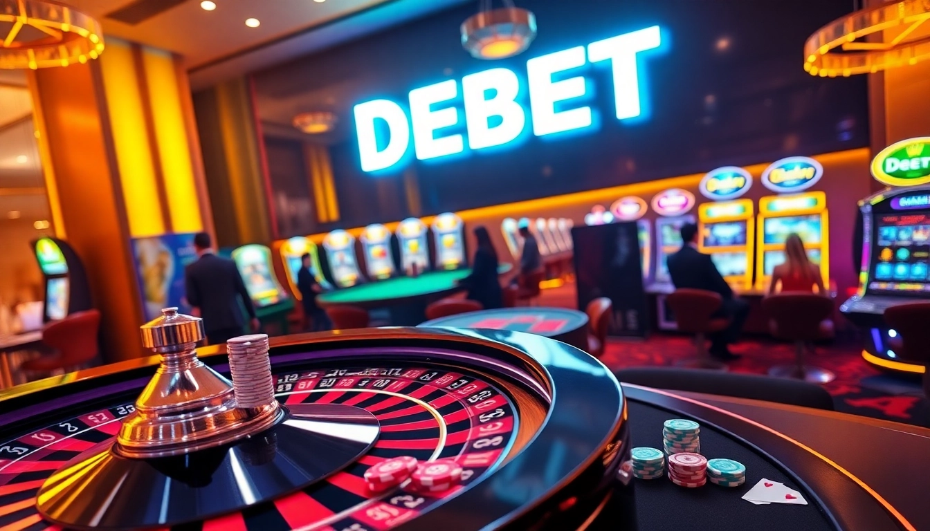 Players enjoy a thrilling gaming experience at DEBET casino, featuring roulette, poker, and slot machines.