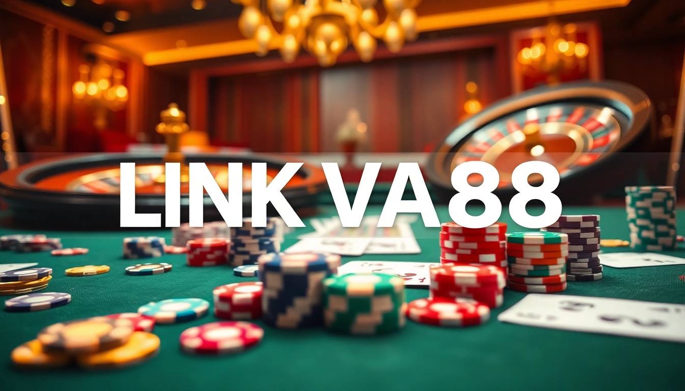 Experience the thrill of betting with LINK VA88 in a vibrant casino setting featuring poker chips, cards, and roulette.