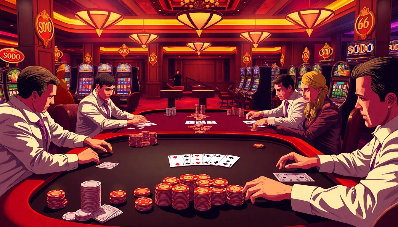 SODO 66 poker players strategizing at an upscale casino table with vibrant slot machines.