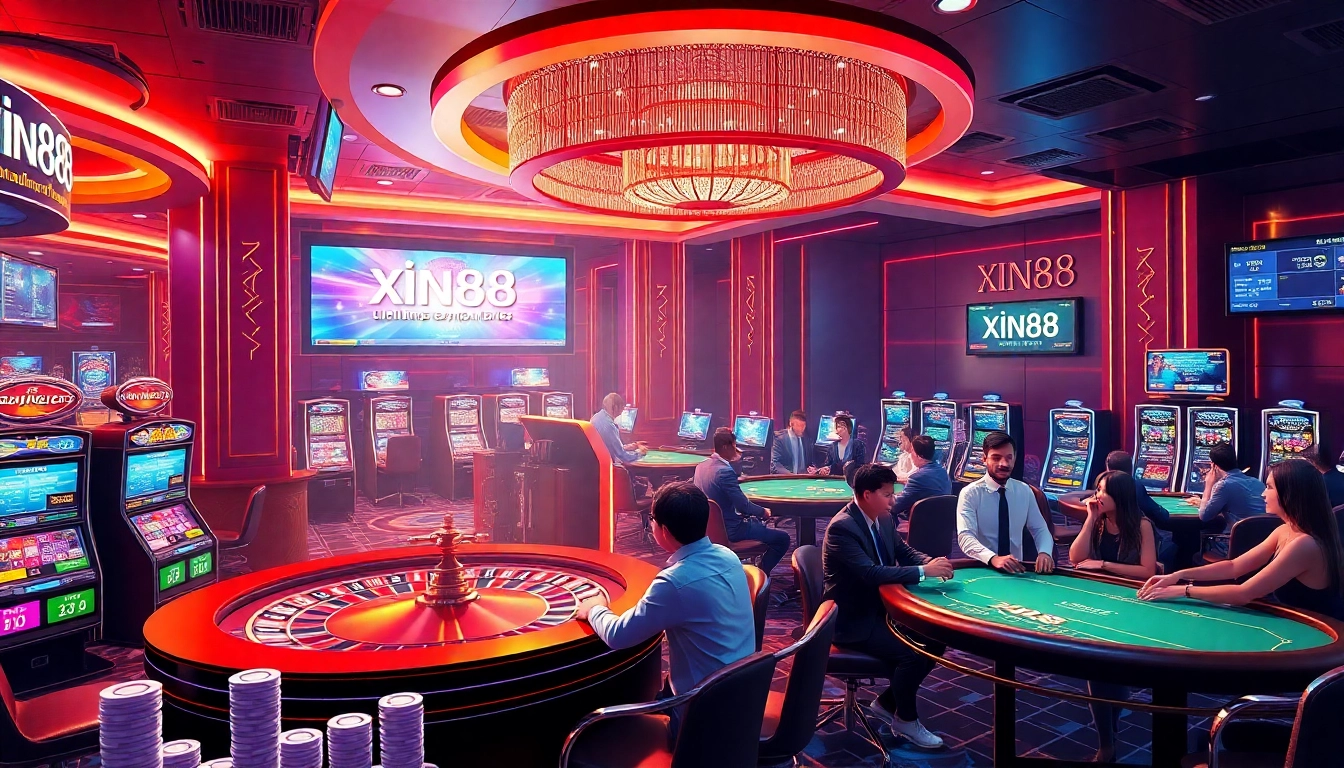 XIN88 players engaging in electrifying casino games with vibrant roulette and slot machines.