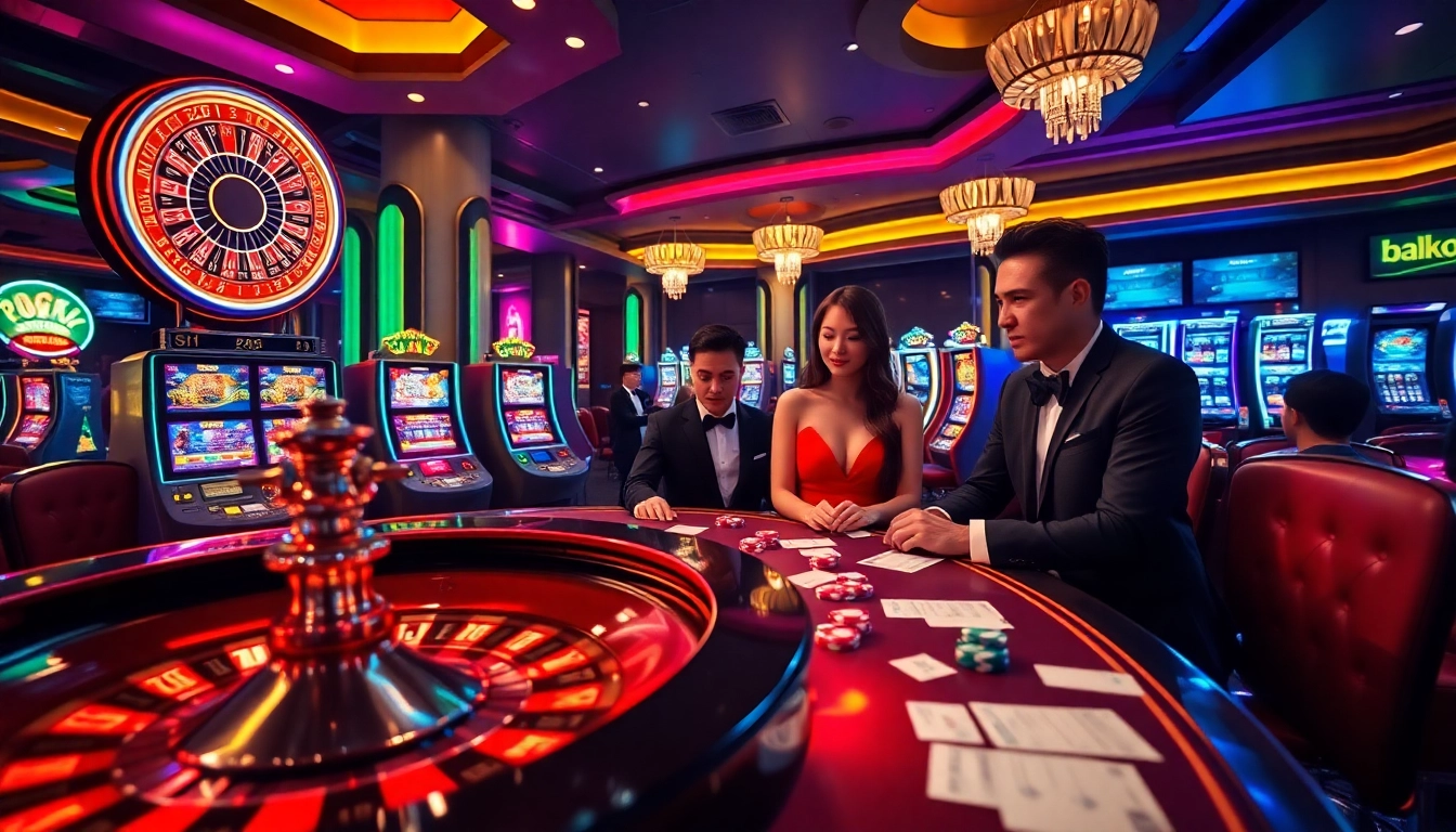 Engaging scene at NHÀ CÁI 12BET showcasing players enjoying roulette and slot machines in a luxurious casino.