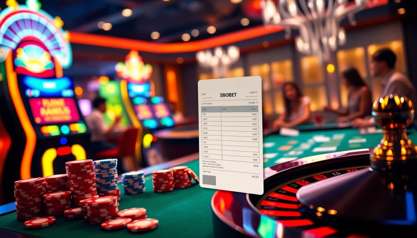 Experience LINK SBOBET with vibrant slot machines and poker chips in a luxurious casino setting.