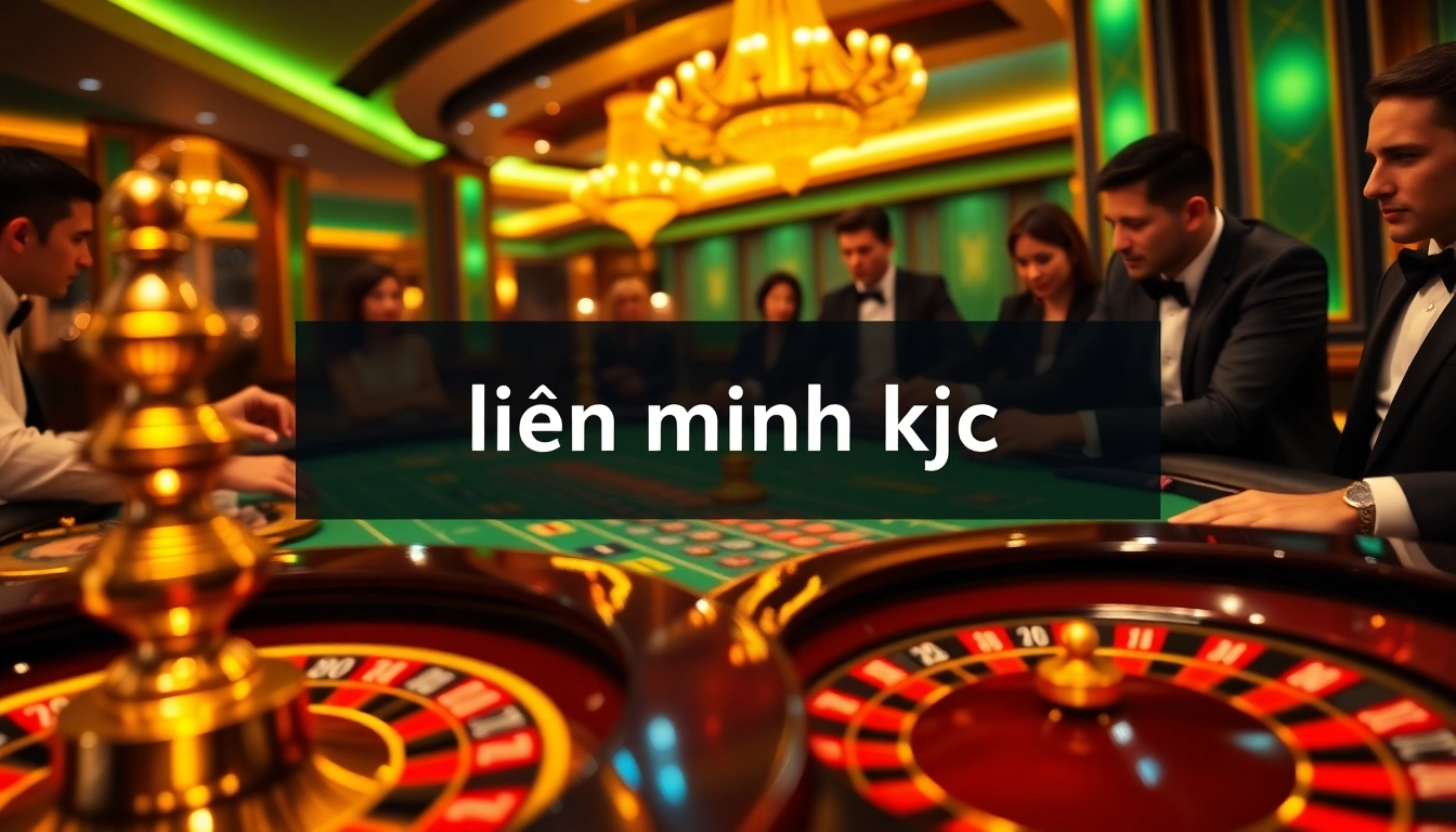 Engaging scene of "liên minh kjc" at a high-stakes casino table with players and roulette wheels.