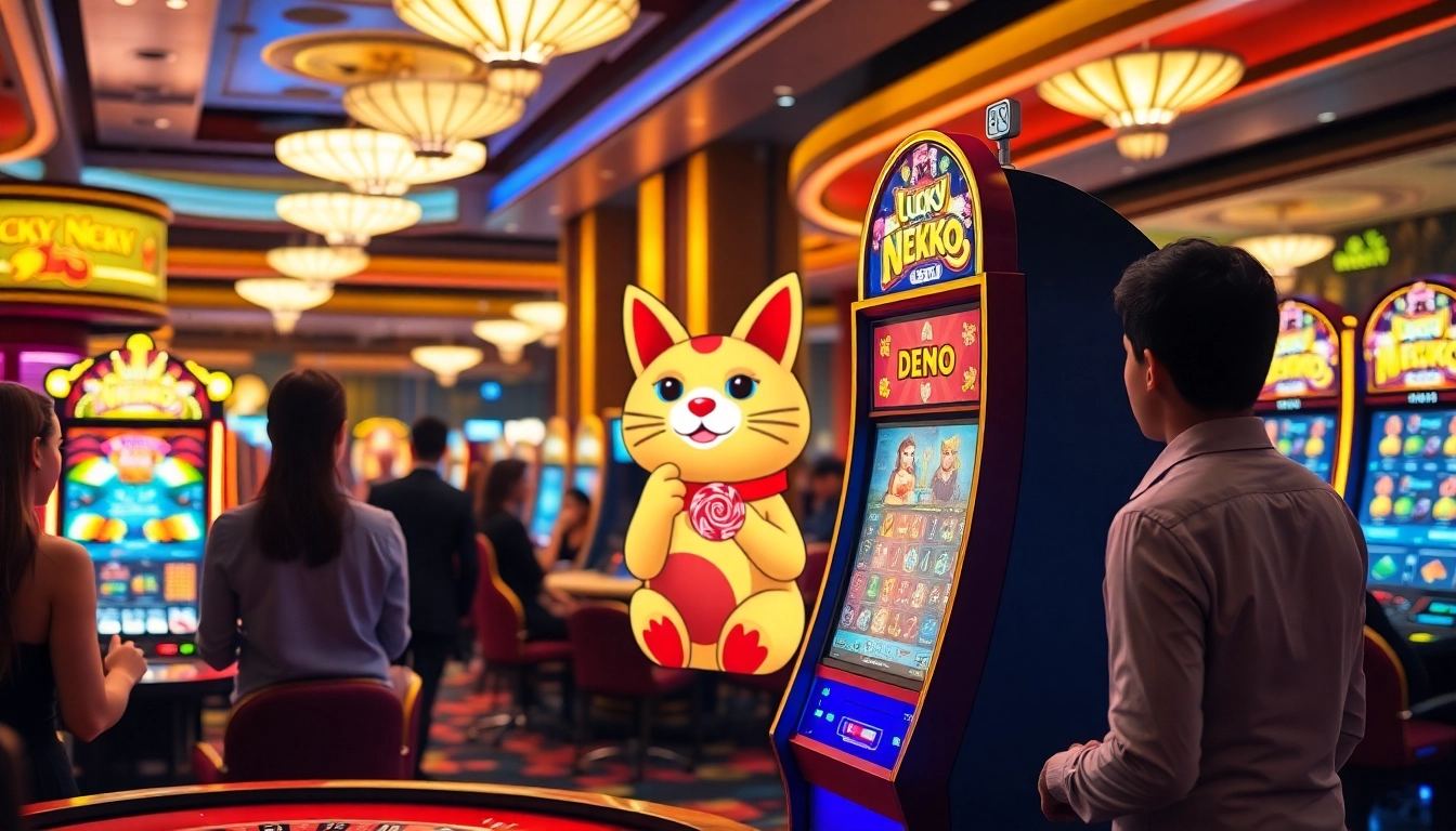 Experience the demo slot Lucky Neko with vibrant gaming action and exciting visuals in a casino environment.