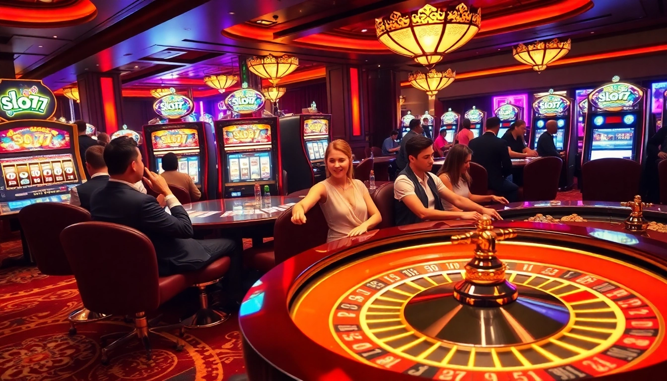Engaged players enjoying slot777 machines at a vibrant casino.