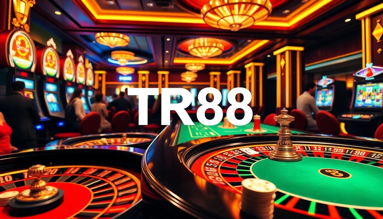 TR88 casino table with poker chips, cards, and roulette wheel in a luxurious setting.