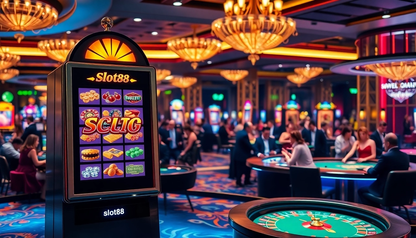 Engaging players at a vibrant slot88 machine in a luxurious casino setting.
