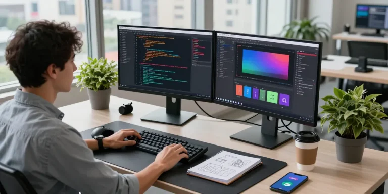 Focused developer at https://fau88.com/ workspace with dual monitors displaying code in a modern office